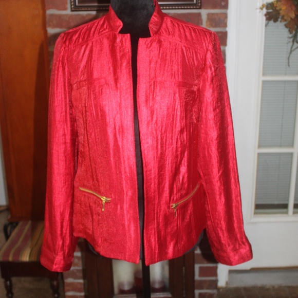 Chico's short red long sleeve jacket stand-up collar sheen Size 1 Medium…EUC - Picture 1 of 4